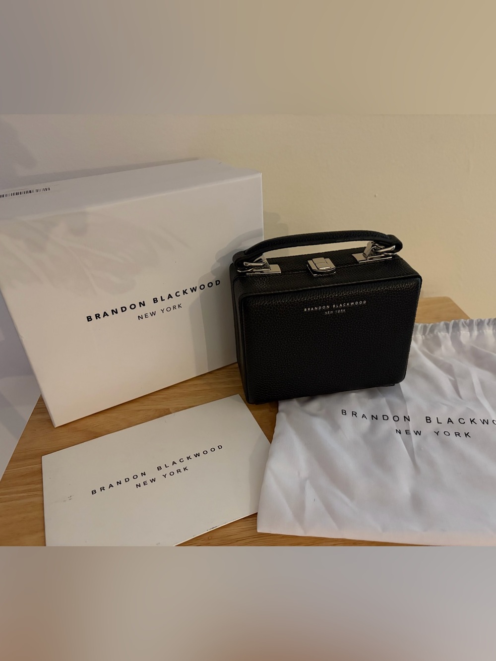 Brandon Blackwood Black Pebbled Leather Vanity Box Bag with Top Handle
